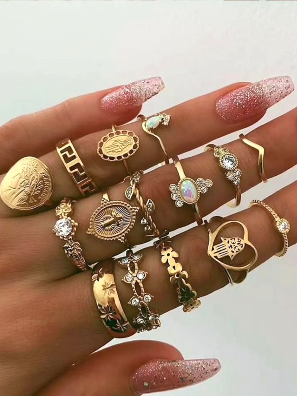 NWT Gold Tone Boho Ring Set – Mixed Statement Rings with Hamsa Coin Floral